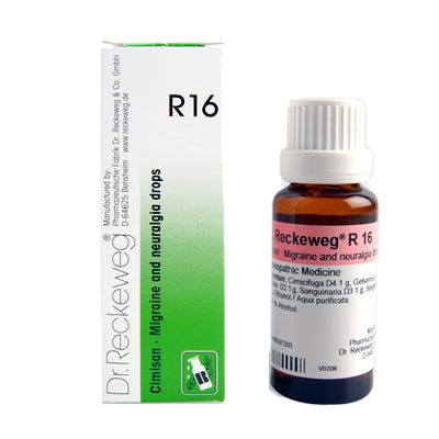Dr. Reckeweg R16 Drops provide natural relief from migraines, neuralgia & tension headaches. Homeopathic formula with Cimicifuga, Gelsemium & Spigelia.