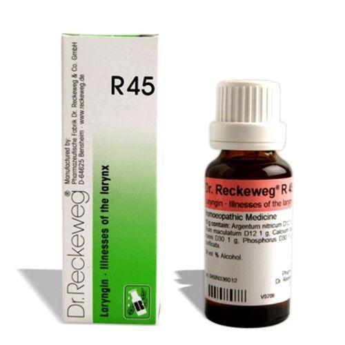 R45 Voice Hoarseness Drops – A homeopathic solution for laryngeal catarrh, vocal strain, and hoarse voice. With Argentum Nitricum, Arnica, Arum Mac, 22ml.

