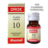 Homeopathic relief for filariasis, hydrocoele & varicose conditions. Drox 10 Filarin drops by Haslab eases swelling, itching & inflammation naturally.

