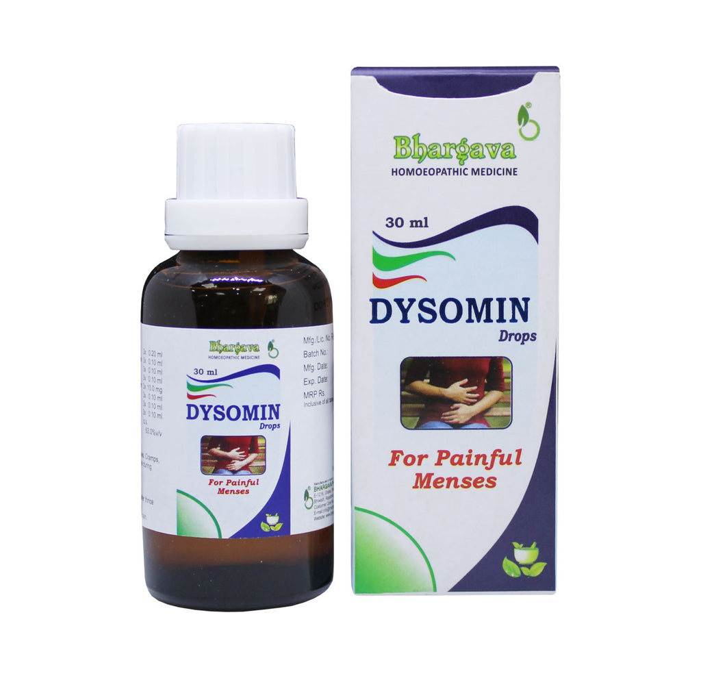 Dysomin homeopathy Drops, cramps, abdominal pain and backpain in female during menses.