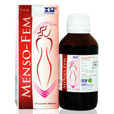 A product image showing Hahnemann pharma Menso syrup in a dark glass bottle with a white label, next to its packaging box which has a red and white design. The box is labeled 'Menso-Fem' indicating it is a women's health tonic.