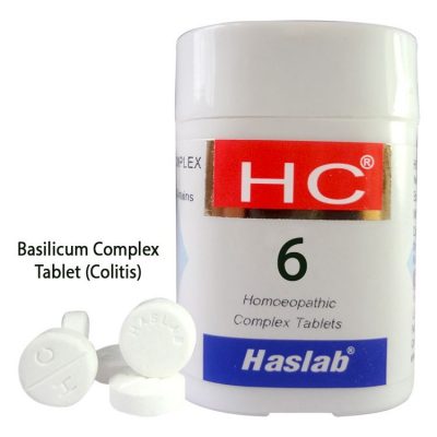 Haslab HC 6 Tablets, Haslab HC6 Basilicum Complex, HC 6 Tablets, homeopathic medicine for IBS, homeopathic colitis medicine, IBS tablets homeopathy, flatulence homeopathic medicine, gastroenteritis homeopathy, digestive immunity tablets, Haslab homeopathy tablets, homeopathic digestive tablets, mucus IBS homeopathy