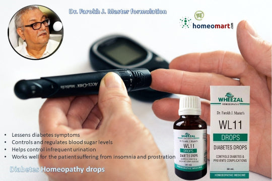 Wheezal WL11 Drops is a trusted homeopathic formula that stimulates pancreatic insulin, regulates blood sugar, and combats fatigue, thirst, and frequent urination. Developed by Dr. Farokh J. Master, this blend of Syzygium, Gymnema, and other potent ingredients helps prevent complications like neuropathy and offers complete support for diabetic care.