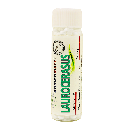 A bottle of Homeomartus Laurocerasus Homeopathy 2 Dram Pills, with a white and green label, containing 6C, 30C, 200C, 1M, 10M dosage levels.