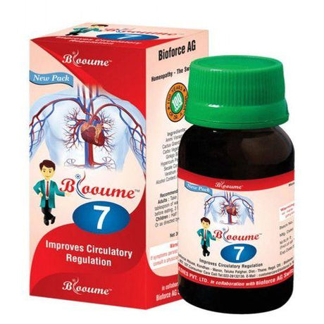 Packaging and bottle of Blooume 7 Circulaforce, a homeopathic product for improving circulatory regulation.