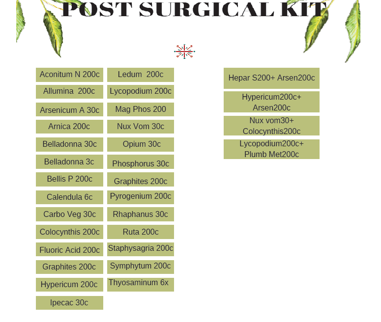Homeopathy post surgical medicine kit contents by medicine name