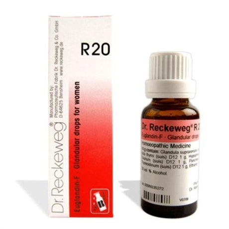 Dr. Reckeweg R20 drops support female hormonal balance, thyroid, adrenal, and pituitary function. Helps manage goiter, fatigue, and endocrine disorders.