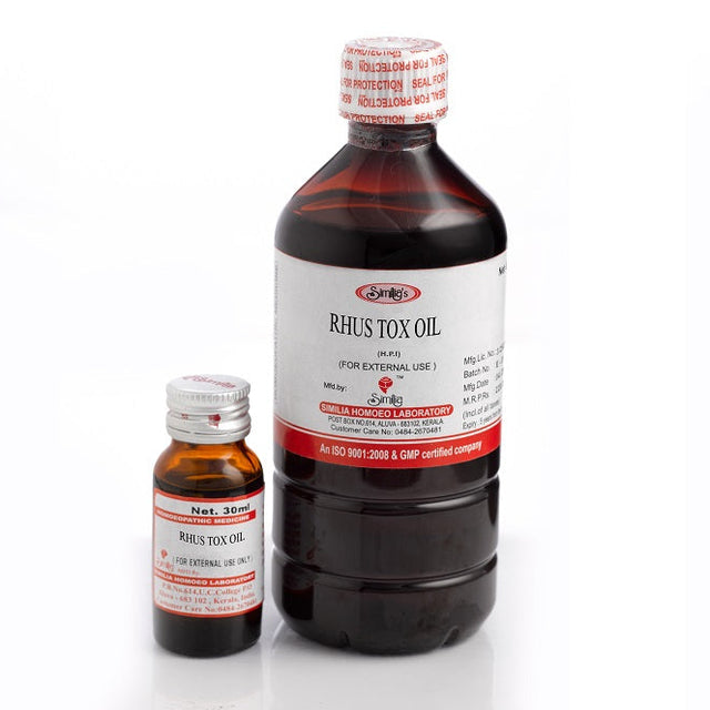 Similia Rhus Tox Oil, homeopathic pain relief oil, joint pain relief oil, muscle pain homeopathic oil, Rhus Tox oil for stiffness, homeopathic oil for arthritis pain, natural joint stiffness relief oil, sciatica pain relief oil