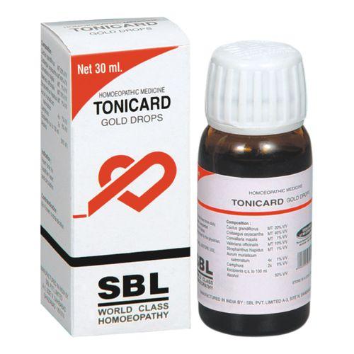Sbl Tonicard Gold Drops 30ml palpitation, Pain in chest on exertion (angina), Impaired blood circulation, Weak heart muscles. Contains Cactus Grandiflorus Q, Crategus oxycantha Q