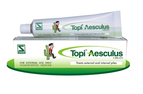 Schwabe Topi Aesculus Cream for hemorrhoids and varicose veins. Alleviates pain, swelling, and itching. Safe, effective, and suitable for all types of piles.