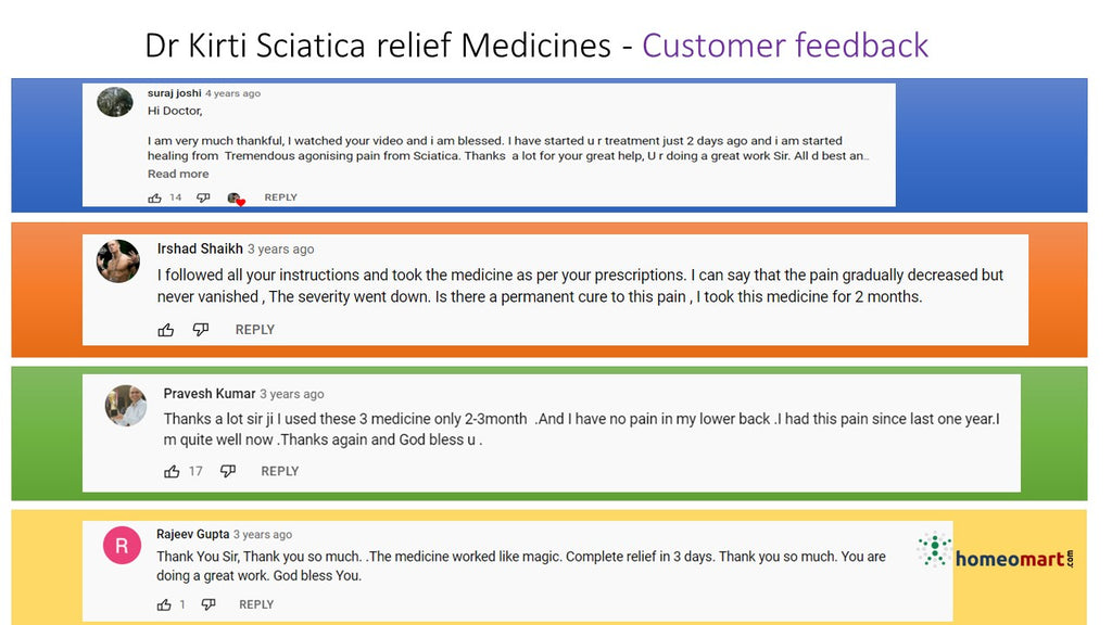 Homeopathy doctor kirti advise sciatica relief medicines customer feedback