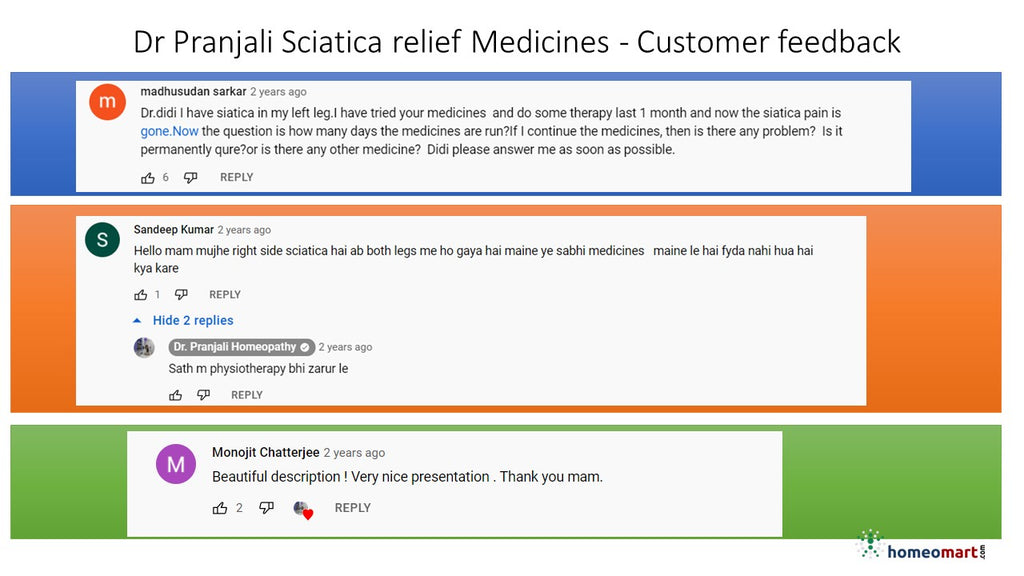 Homeopathy doctor pranjali advise sciatica relief medicines customer feedback