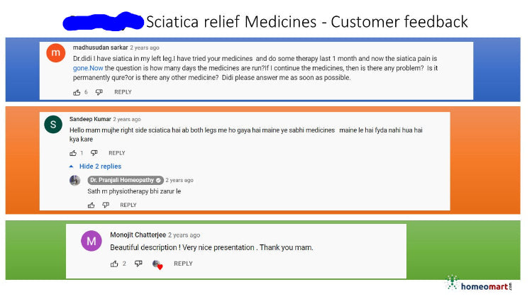 Homeopathy doctor pranjali advise sciatica relief medicines customer feedback