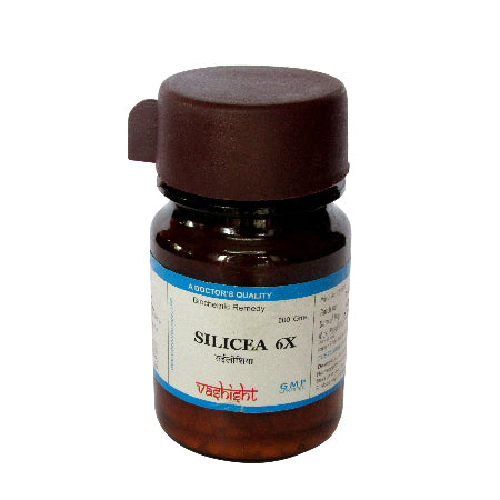 Dr. Vashisht Silicea for acne, brittle nails, pus-filled boils, abscesses, and weak bones. Trusted biochemic remedy in 30g & 100g packs