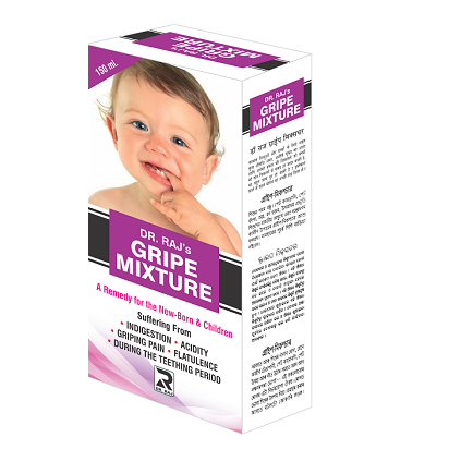 A box of Dr. Raj Gripe Mixture, which is intended for infants & children and relieves wind pains & tummy upsets.