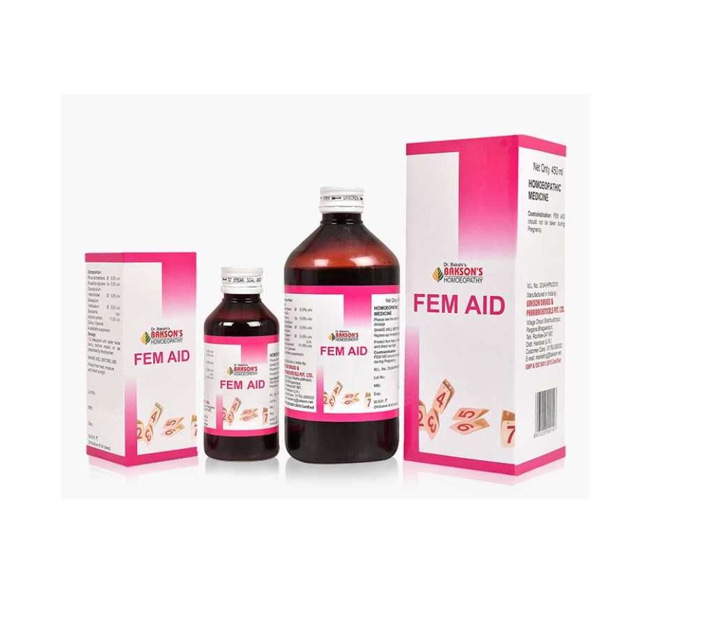 Baksons Fem Aid homeopathy Syrup in 115nl, 450ml pack for delayed menses, missing periods, painful menses (menstrual cramps), enures normal uterine activity