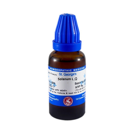 A bottle of St George Solanum Lycopersicum Mother Tincture, which is a homeopathic medicine product.