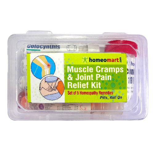 Muscle Cramps and Joint Pain Homeopathy Kit, muscle pain relief kit, joint pain homeopathy kit, homeopathic pain relief kit, muscle cramp homeopathy kit, joint stiffness relief kit, homeopathy kit for backache, muscle and joint care kit, pain relief roll-on and homeopathic remedies, buy homeopathy pain relief kit online