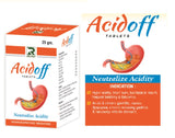 Packaging of Dr. Raj Acidoff Tablets, which are homeopathic medicine pills indicated for neutralizing acidity.